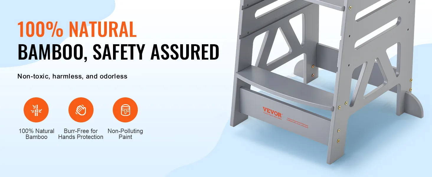 Podnóżek VEVOR wykonany w 100% z naturalnego bambusa, bezpieczny dzięki nietoksycznej, bez zadziorów i niezanieczyszczającej farbie.