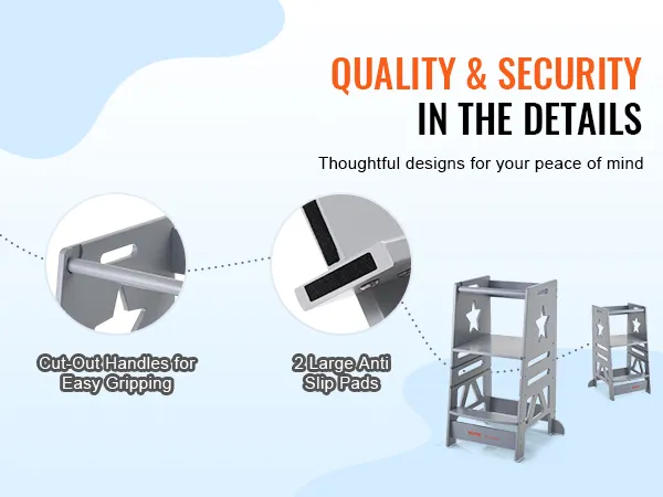 Stołek barowy VEVOR z wyciętymi uchwytami i dużymi antypoślizgowymi podkładkami zapewniającymi jakość i bezpieczeństwo.