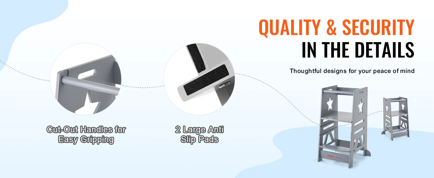 Stołek barowy VEVOR z wyciętymi uchwytami i dużymi antypoślizgowymi podkładkami zapewniającymi jakość i bezpieczeństwo.