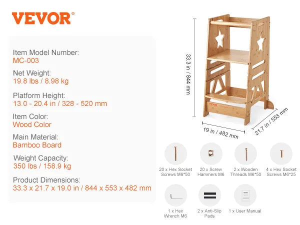 Taburete de torre VEVOR, bambú, 13-20,4 pulgadas de altura, 33,3 x 19 x 21,7 pulgadas de dimensiones, capacidad de 350 libras.