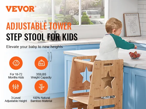 Taburete de torre VEVOR para niños en bambú, altura ajustable, capacidad de 350 libras, gabinetes de cocina azules.