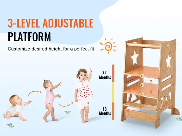 Taburete tipo torre VEVOR con plataforma ajustable en 3 niveles para diferentes alturas de niños, de 18 a 72 meses.