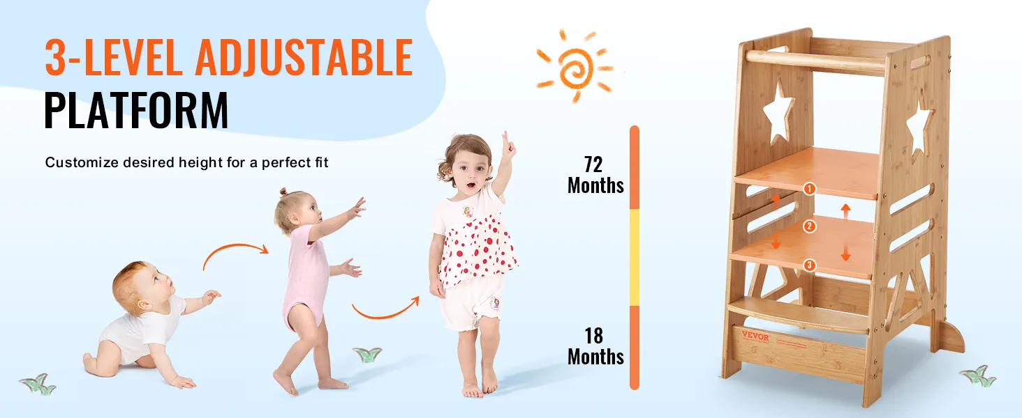 Taburete tipo torre VEVOR con plataforma ajustable en 3 niveles para diferentes alturas de niños, de 18 a 72 meses.