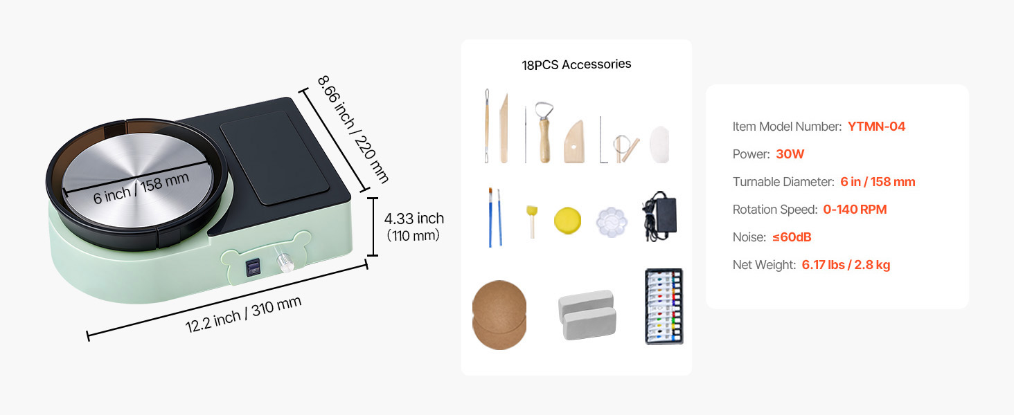 Mini Tour De Potier électrique – Plateau 15,8 Cm, Vitesse Réglable 0-140 Tr/min – Avec Outils, Argile, Peintures – Loisir Créatif Adultes Et Enfants - 3
