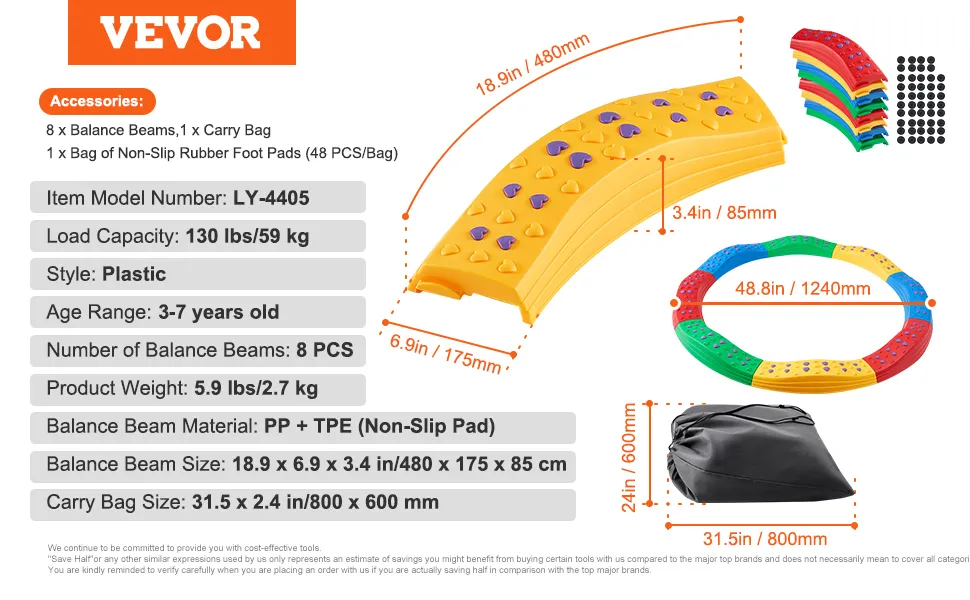 VEVOR kids balance beam with 8 colorful plastic beams, carry bag, and non-slip pads, dimensions labeled.
