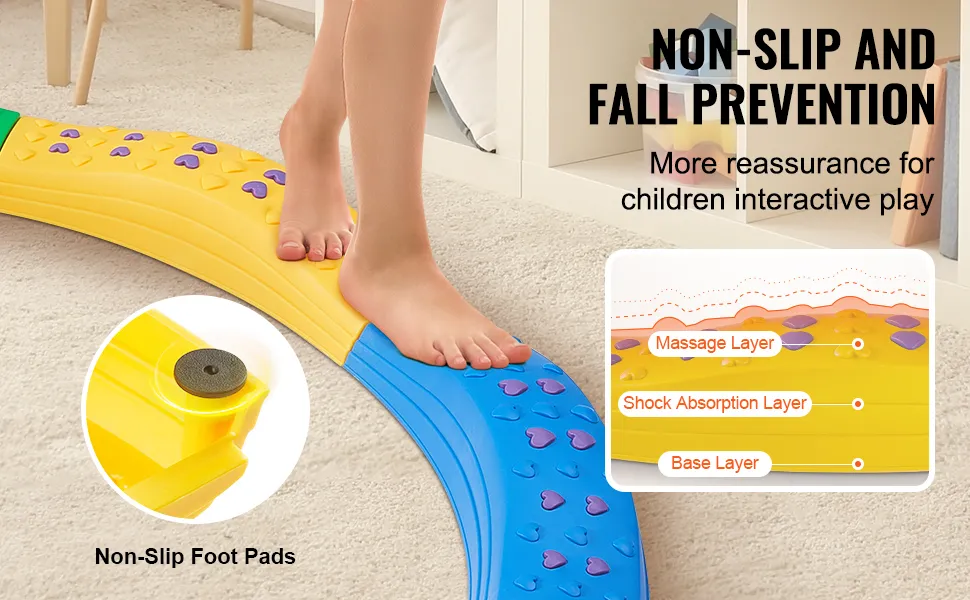 child's feet on colorful VEVOR kids balance beam with non-slip foot pads and layered structure for safety.