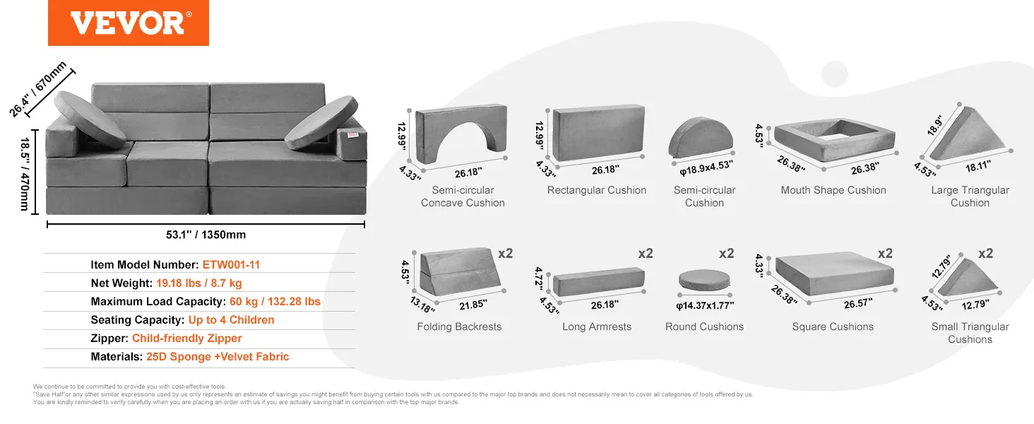 VEVOR play couch dimensions and cushion types with features and specifications. model etw001-11.