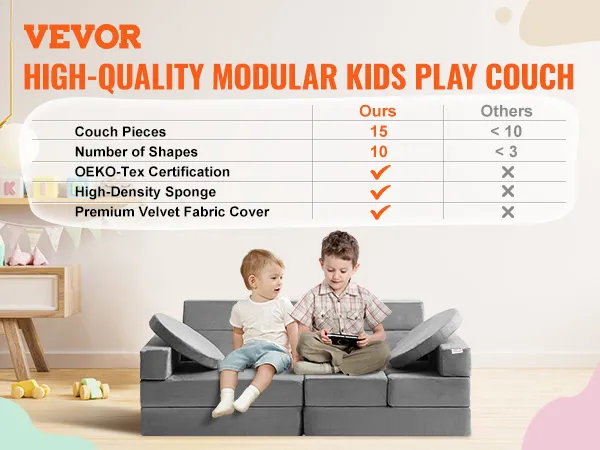 VEVOR play couch with 15 foam pieces, 10 shapes, oeko-tex certification, and premium velvet cover.
