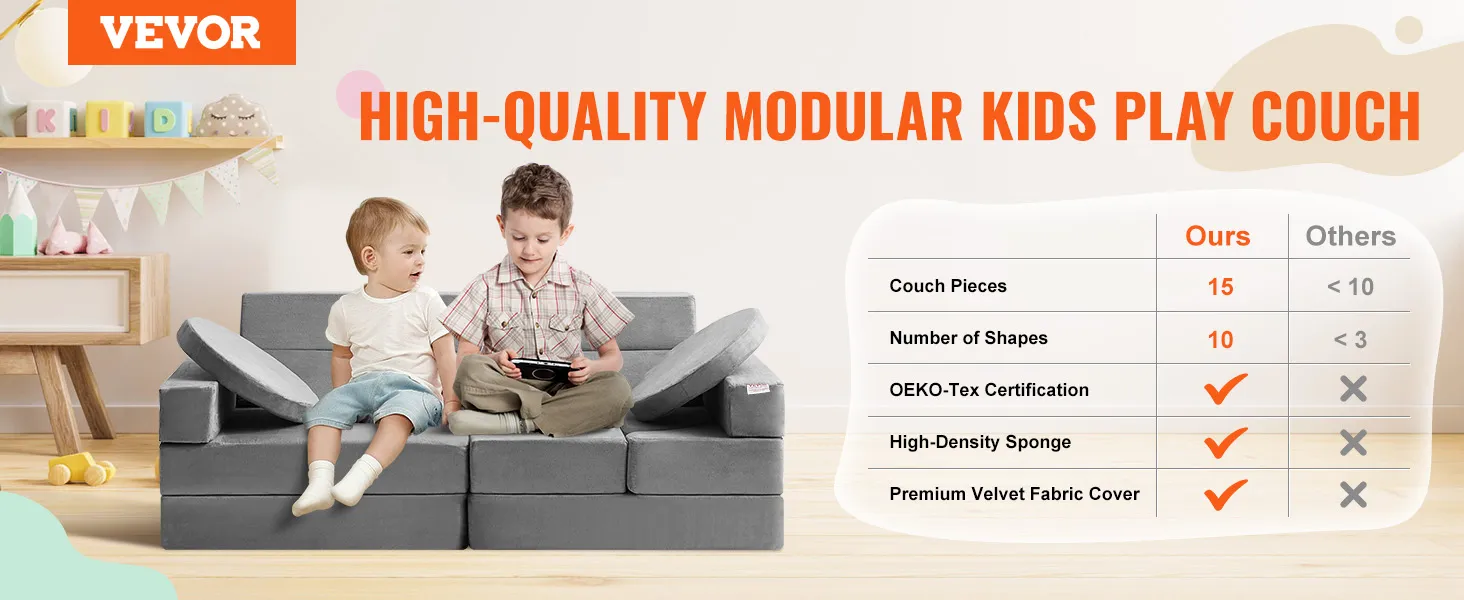 VEVOR play couch with 15 foam pieces, 10 shapes, oeko-tex certification, and premium velvet cover.