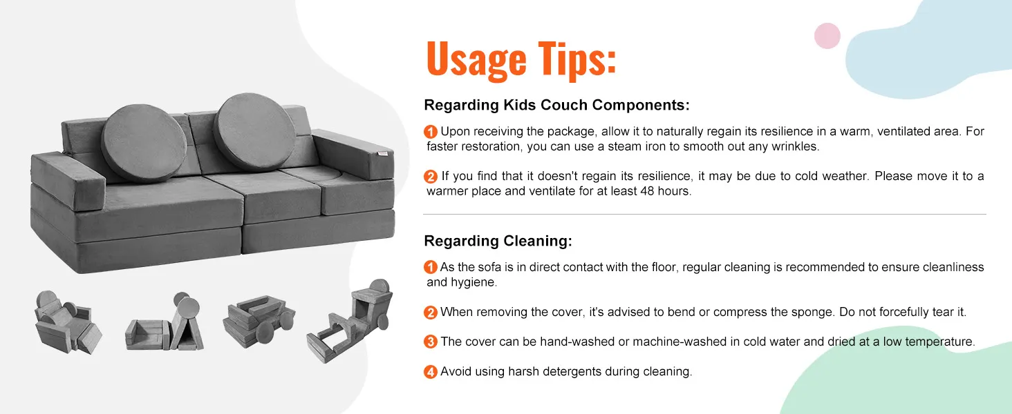 gray modular VEVOR play couch with detachable pieces, tips on component care, and cleaning instructions.