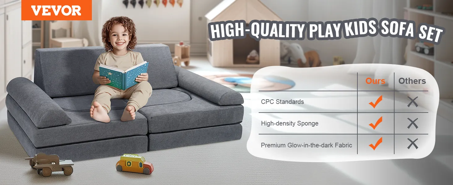 VEVOR Kids Couch, 10Pcs Modular Kids Play Couch, Toddler Couch Sofa Bed, Kids Chair Seat Playroom Furniture, Kids Sofa with Removable Cover for Kids Girls & Boys, Grey