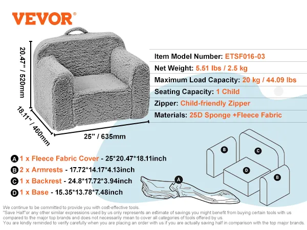 VEVOR kids armchair, gray fleece cover, 20kg capacity, child-friendly zipper, dimensions: 25"x20.47"x18.11".