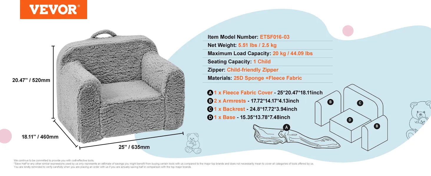 VEVOR kids armchair, gray fleece cover, 20kg capacity, child-friendly zipper, dimensions: 25"x20.47"x18.11".