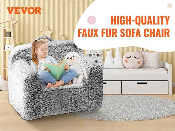 VEVOR kids armchair in a cozy room with plush toys and decorative cushions. high-quality faux fur sofa chair.
