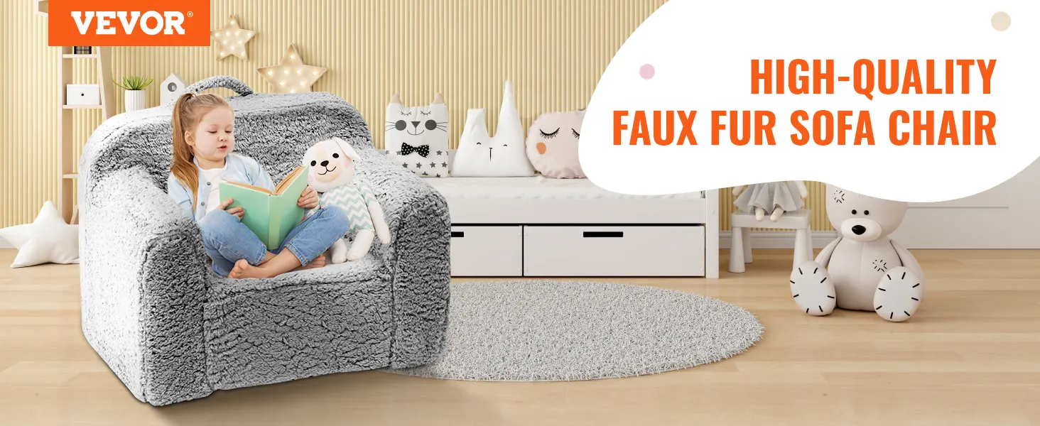 VEVOR kids armchair in a cozy room with plush toys and decorative cushions. high-quality faux fur sofa chair.