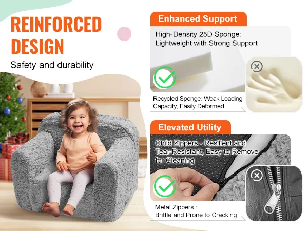VEVOR kids armchair with reinforced design, high-density sponge, and child-safe zippers for durability.