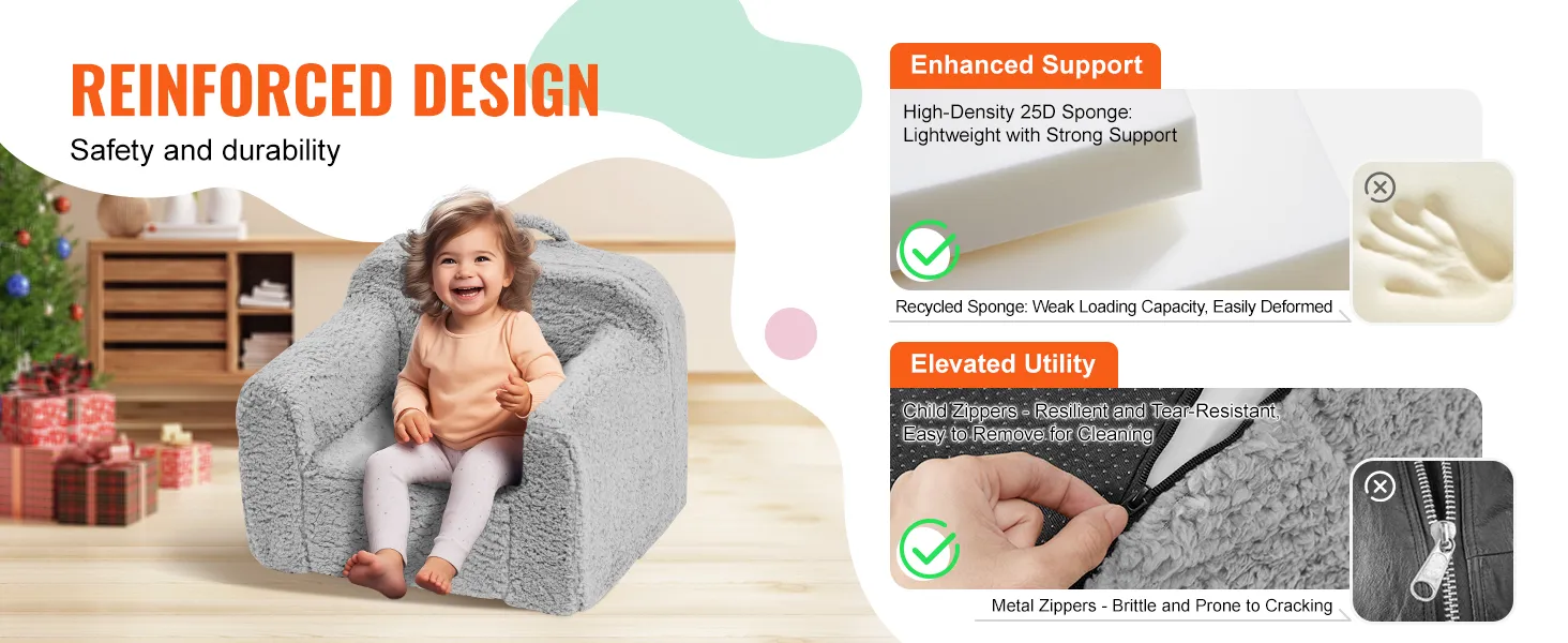 VEVOR kids armchair with reinforced design, high-density sponge, and child-safe zippers for durability.