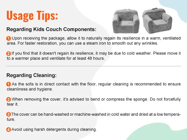 gray VEVOR kids armchair with cleaning and usage tips, featuring plush texture on a white background.