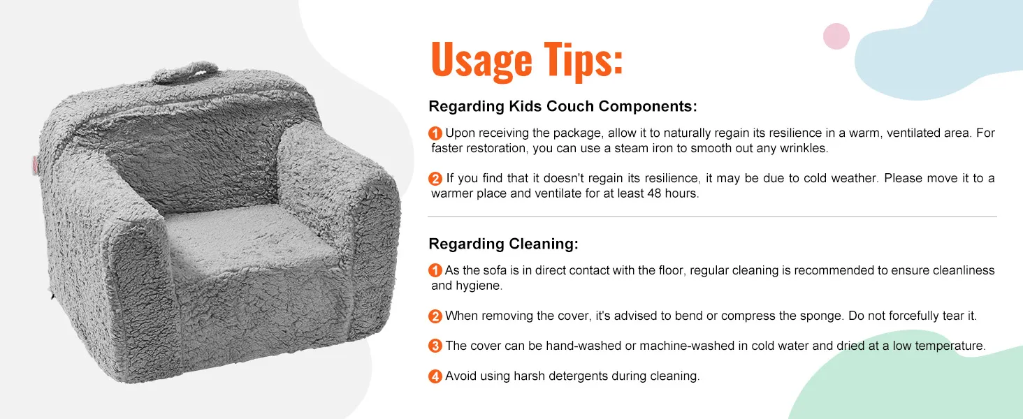 gray VEVOR kids armchair with cleaning and usage tips, featuring plush texture on a white background.