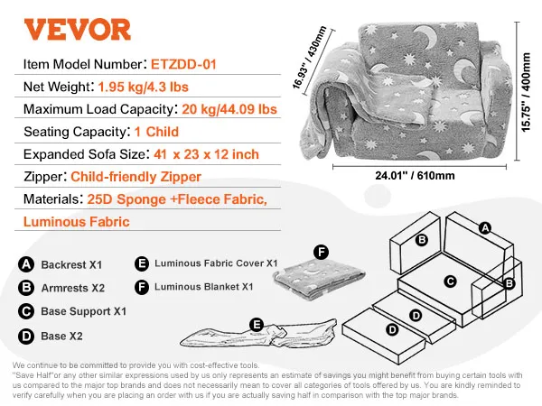 VEVOR kids sofa etzdd-01, luminous fabric, 1.95 kg, 20 kg capacity, 24 x 16.93 x 15.75 inches.