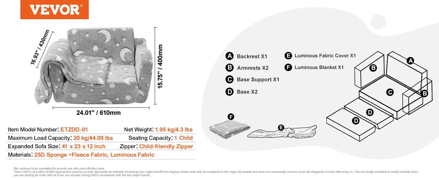 VEVOR kids sofa etzdd-01, luminous fabric, 1.95 kg, 20 kg capacity, 24 x 16.93 x 15.75 inches.