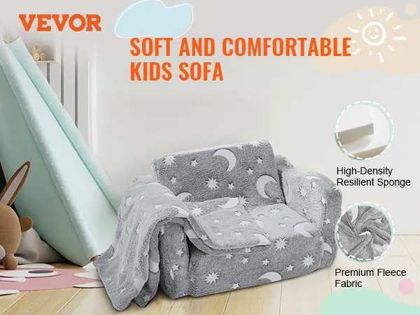 VEVOR kids sofa in grey fleece with star and moon pattern, next to a cozy play tent.