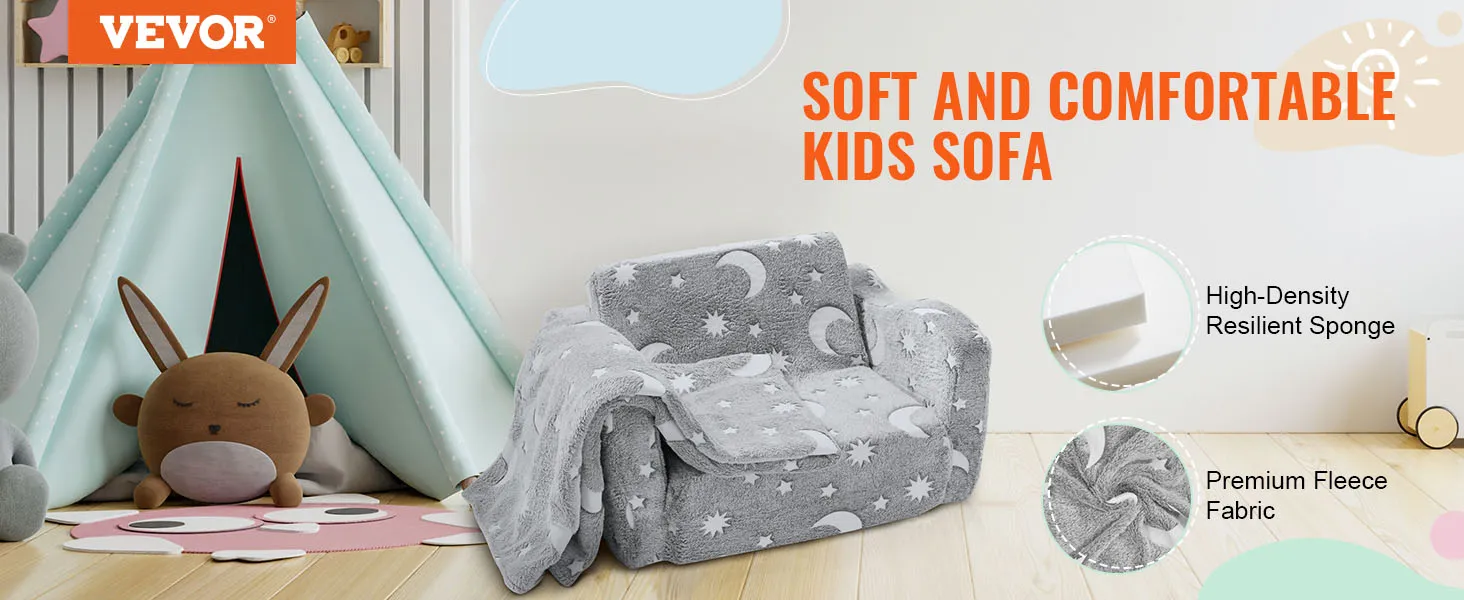 VEVOR kids sofa in grey fleece with star and moon pattern, next to a cozy play tent.
