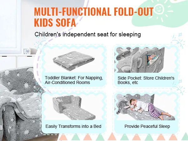 VEVOR kids sofa in grey starry design, perfect for sleeping, napping, and playing, includes side pocket.