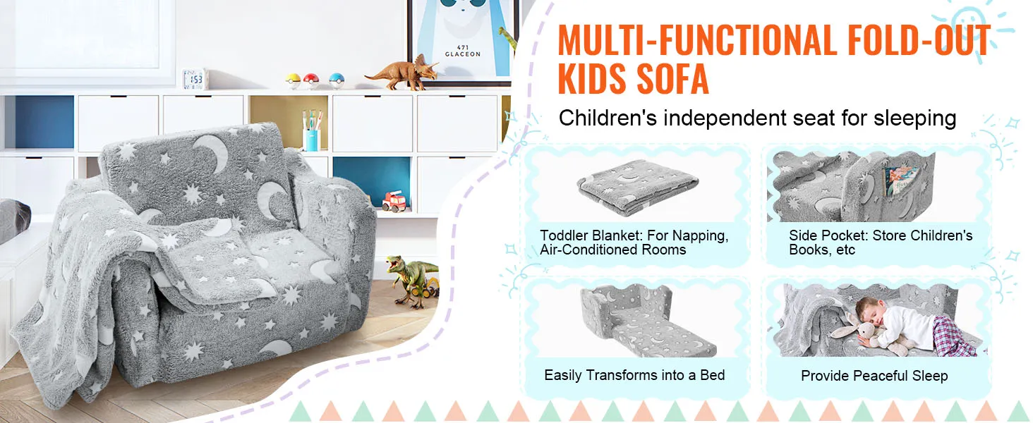 VEVOR kids sofa in grey starry design, perfect for sleeping, napping, and playing, includes side pocket.
