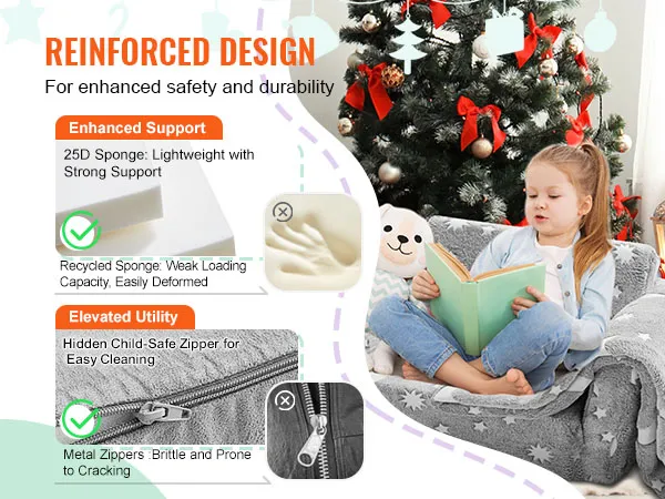 child reading on a VEVOR kids sofa by a christmas tree, highlighting reinforced design and elevated utility.