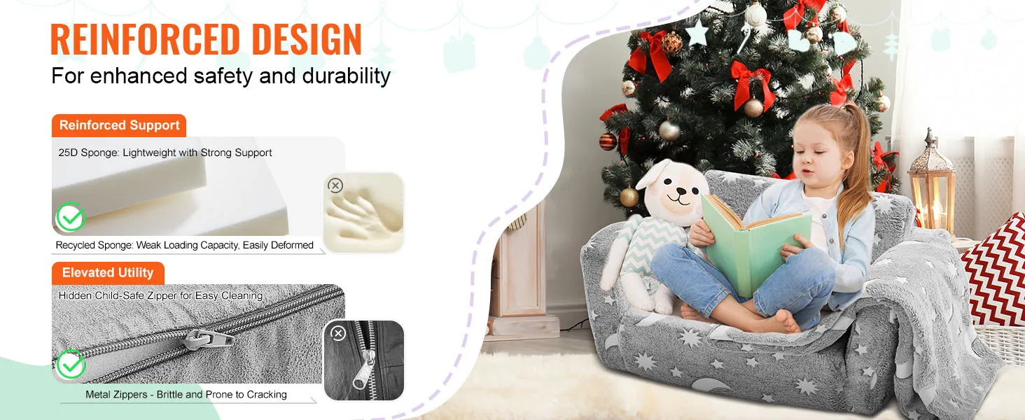 child reading on a VEVOR kids sofa by a christmas tree, highlighting reinforced design and elevated utility.