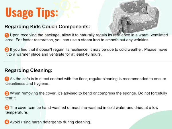 gray VEVOR kids sofa with moon and stars pattern, accompanied by usage and cleaning tips.