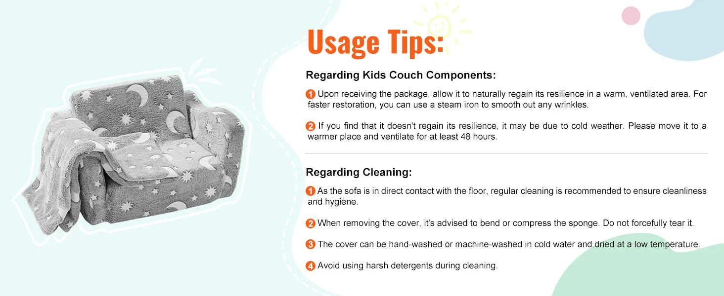 gray VEVOR kids sofa with moon and stars pattern, accompanied by usage and cleaning tips.
