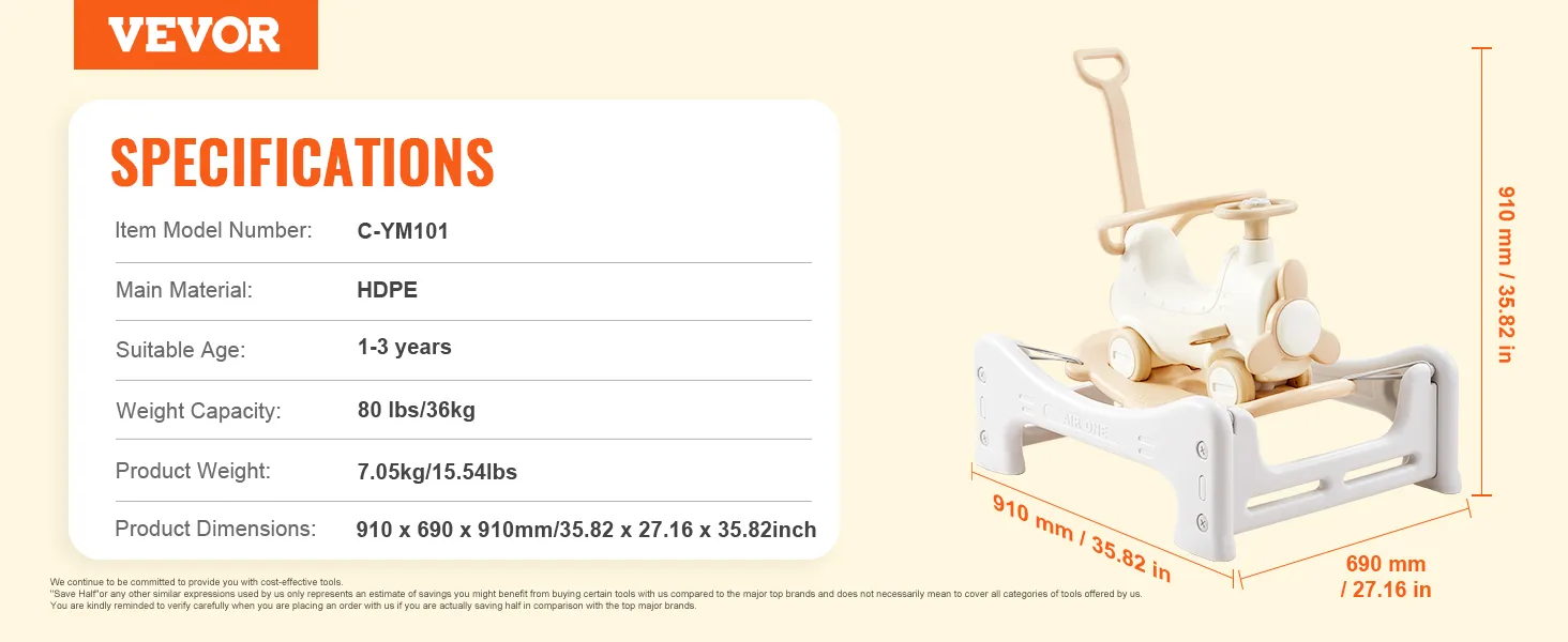 Specificaties van het VEVOR rijdspeelgoed: afmetingen 910x690x910mm, hdpe, geschikt voor kinderen van 1-3 jaar, draagvermogen 80 lbs.