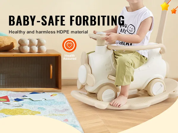 Kind op een VEVOR-rijdspeeltje met babyveilig HDPE-materiaal, een houten plank en knuffels op de achtergrond.