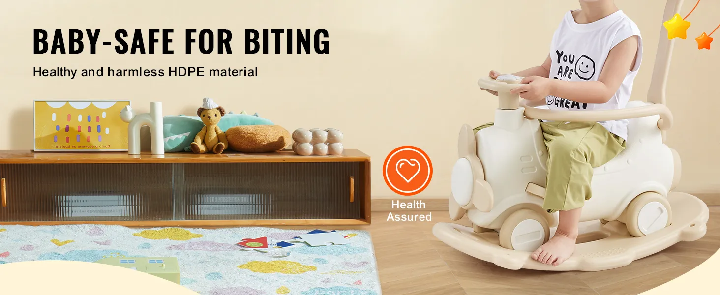 Kind op een VEVOR-rijdspeeltje met babyveilig HDPE-materiaal, een houten plank en knuffels op de achtergrond.