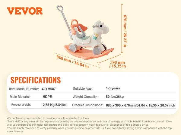 VEVOR rocking horse specifications include hdpe material, 80lbs capacity, and dimensions of 880x390x670mm.