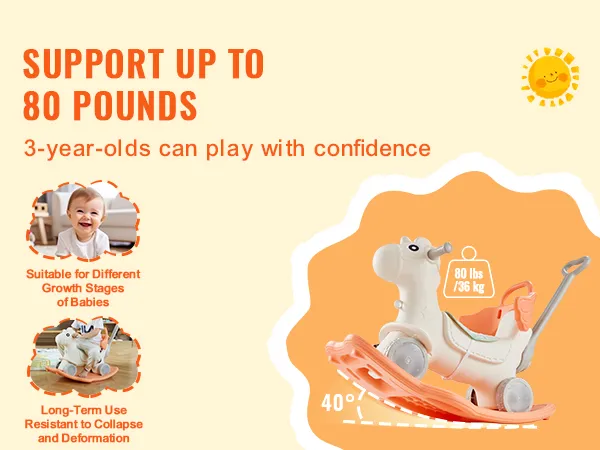 VEVOR rocking horse supports up to 80 pounds, suitable for 3-year-olds, with long-term durability.