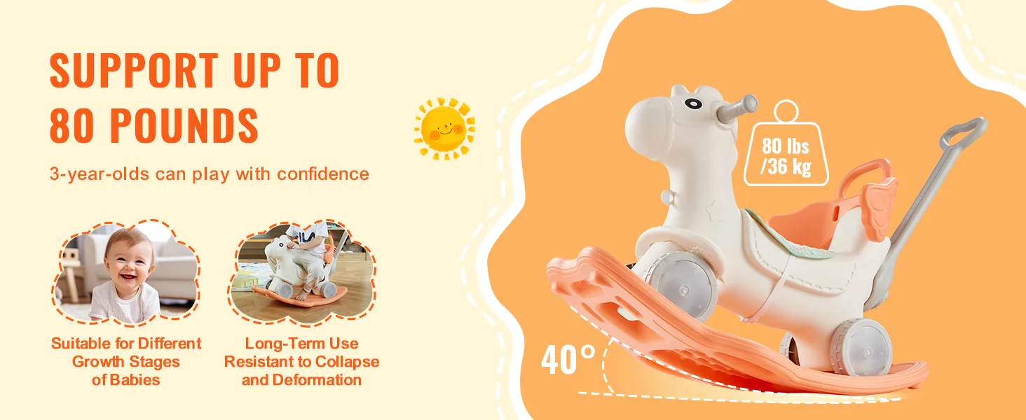 VEVOR rocking horse supports up to 80 pounds, suitable for 3-year-olds, with long-term durability.
