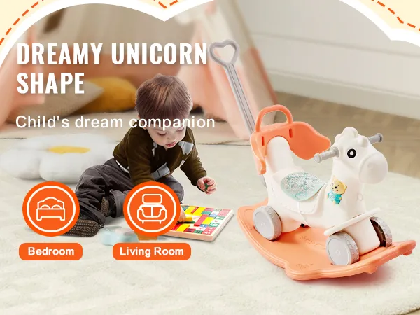 child playing next to VEVOR rocking horse in a cozy bedroom setting, featuring unicorn design.