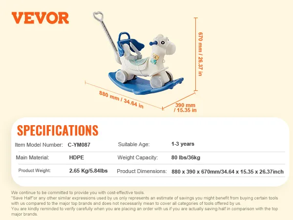 VEVOR rocking horse, hdpe, suitable age 1-3 years, weight capacity 80 lbs, dimensions 880x390x670mm.