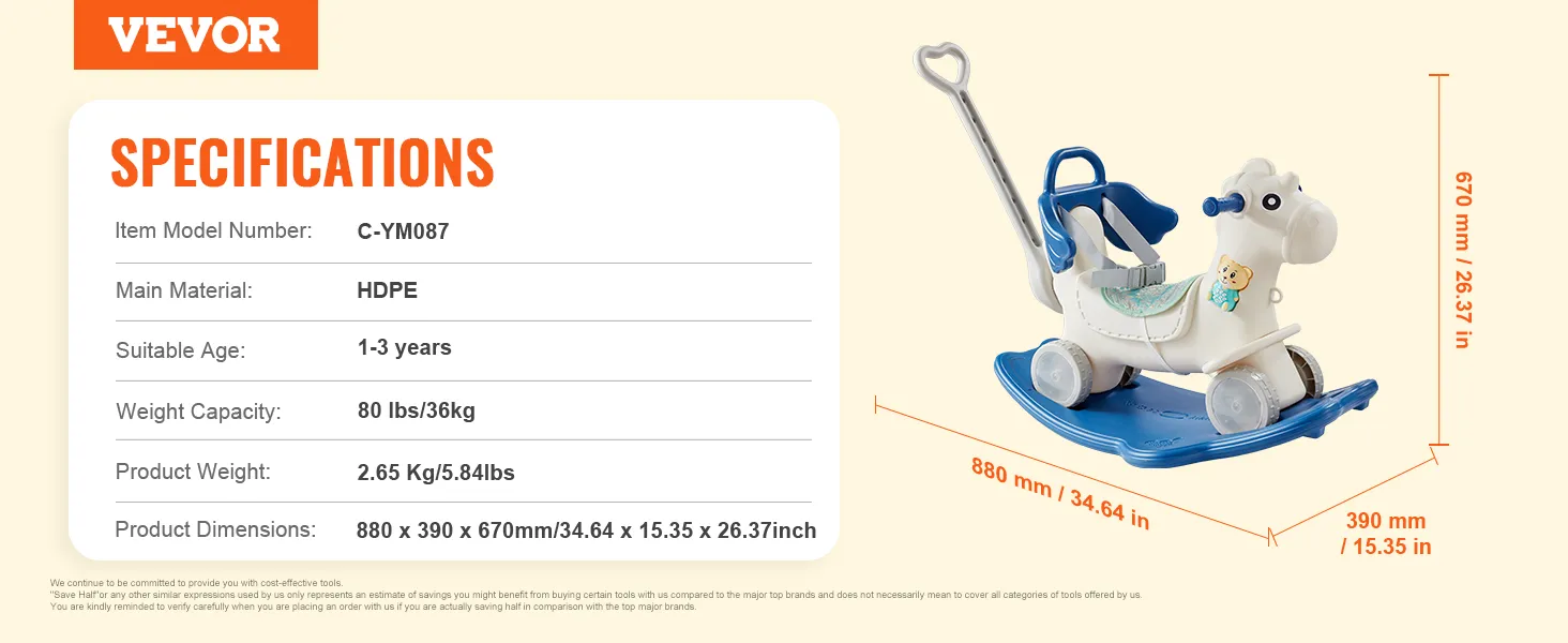 VEVOR rocking horse, hdpe, suitable age 1-3 years, weight capacity 80 lbs, dimensions 880x390x670mm.