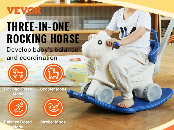 VEVOR rocking horse for kids, featuring three modes: rocking, scooter, and stroller for balance and coordination.