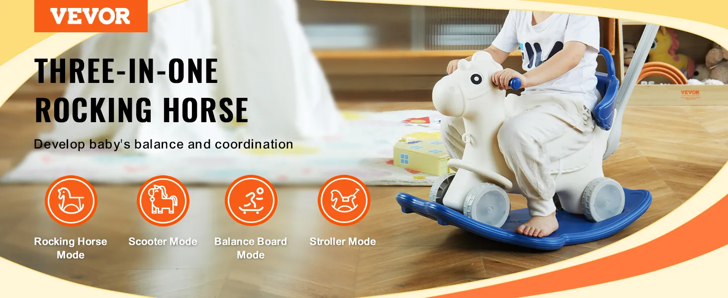 VEVOR rocking horse for kids, featuring three modes: rocking, scooter, and stroller for balance and coordination.