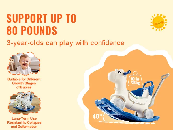 VEVOR rocking horse, supports up to 80 lbs, perfect for 3-year-olds, durable and growth-stages friendly.