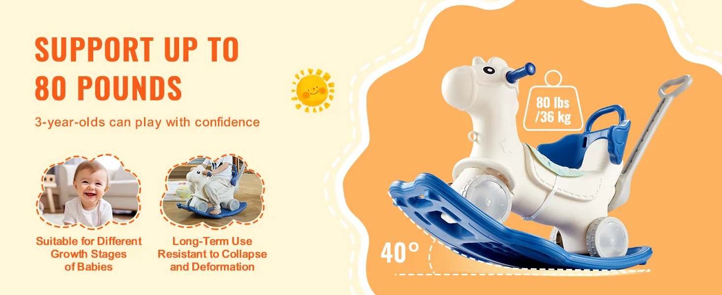 VEVOR rocking horse, supports up to 80 lbs, perfect for 3-year-olds, durable and growth-stages friendly.