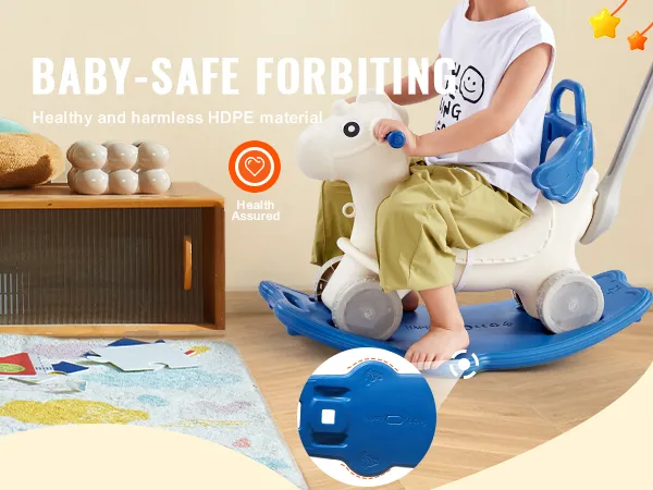 child riding a VEVOR rocking horse made of baby-safe hdpe material in a cozy room.