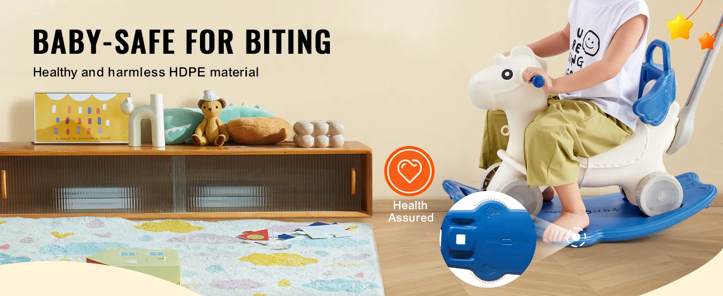 child riding a VEVOR rocking horse made of baby-safe hdpe material in a cozy room.