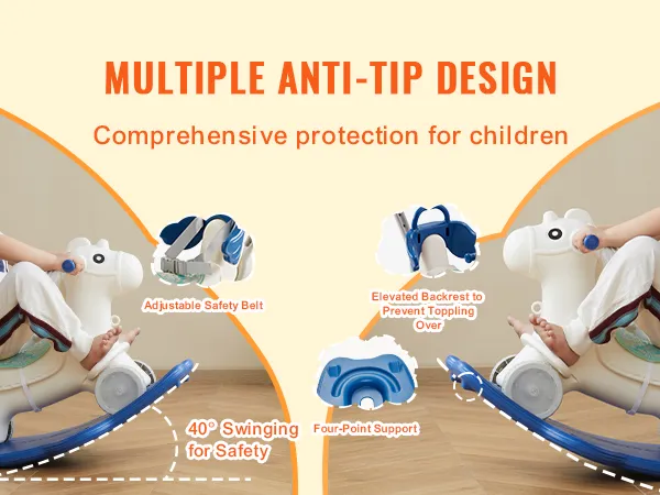 VEVOR rocking horse with adjustable safety belt, 40° swinging, four-point support, and an elevated backrest.