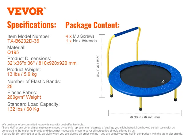 Trampolino VEVOR con maniglia di sicurezza, dimensioni 32"x36"x36", pesa 13 libbre e supporta fino a 132 libbre.